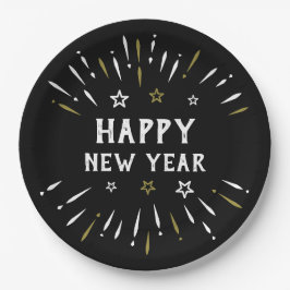 Prato De Papel Feliz ano novo Fireworks Black White Dourado Stars