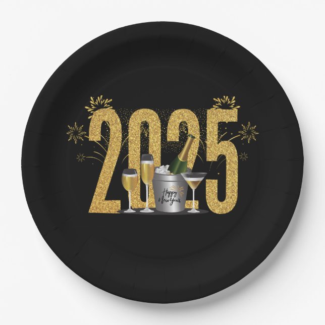 Prato De Papel Feliz ano novo - Placa Dourada preta (Frente)