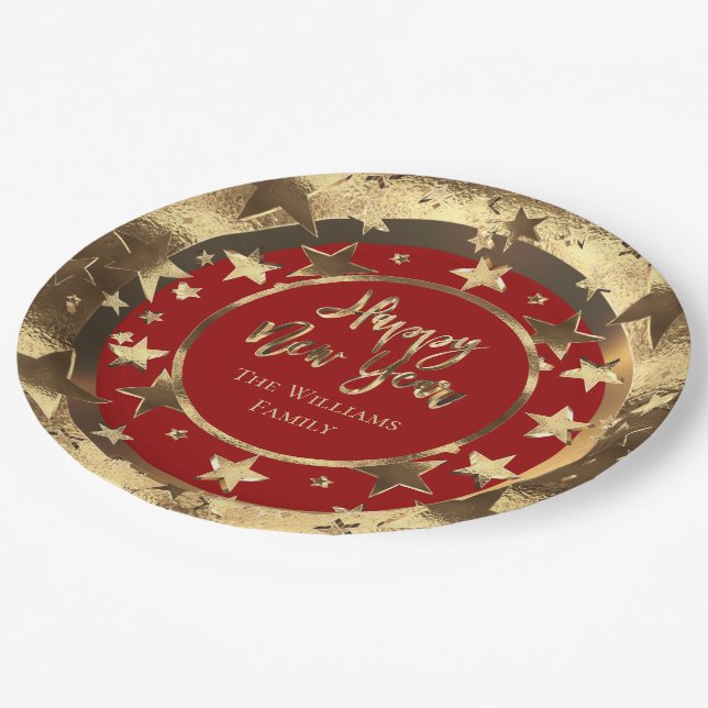 Prato De Papel Feliz ano novo Vermelho e Estrelas Douradas Elegan (Inclinado)