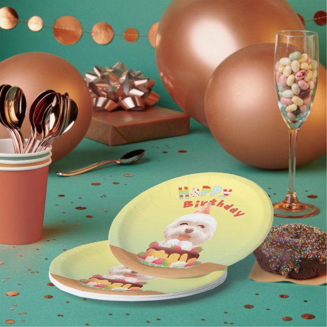 Prato De Papel Feliz Cachorro de Aniversário com Bolo (Múltiplo)