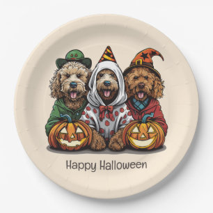 Prato De Papel Feliz Cachorro de Goldendoodle de Halloween