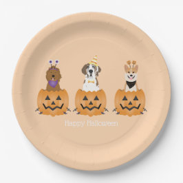 Prato De Papel Feliz Cachorros De Halloween Em Pumpkins