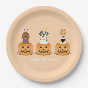Prato De Papel Feliz Cachorros De Halloween Em Pumpkins