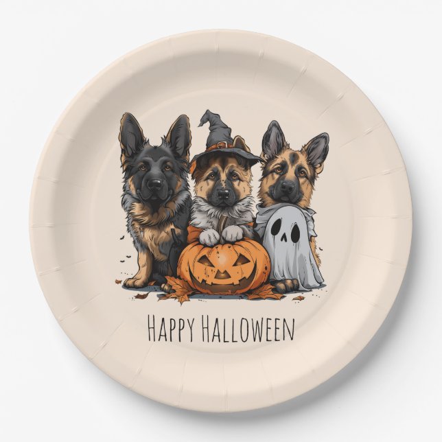 Prato De Papel Feliz Cachorros German shepherd de Halloween (Frente)