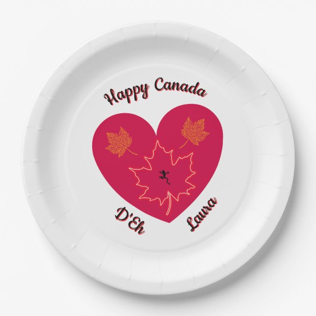 Prato De Papel Feliz Canadá D'Eh Heart, Sapo, Folhas de Maple (Frente)