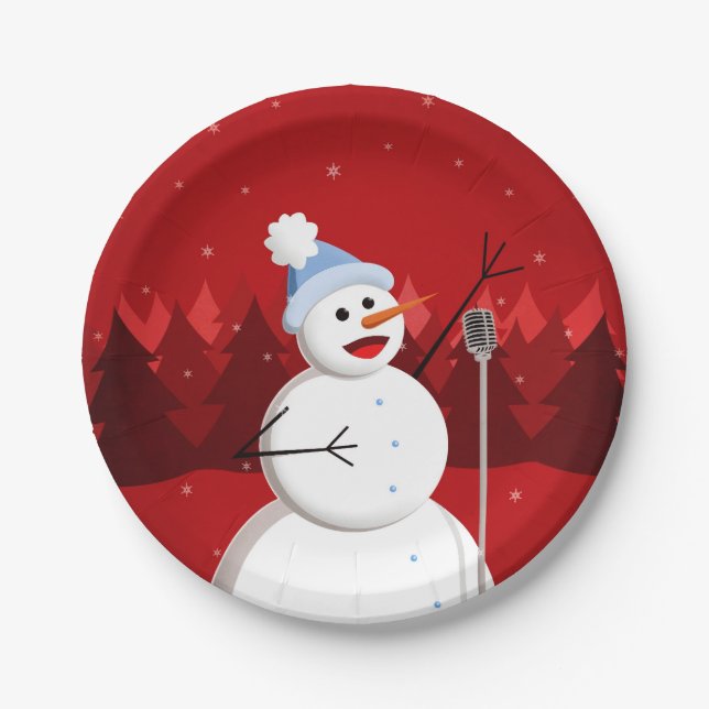 Prato De Papel Feliz Cantando Snowman no Natal (Frente)