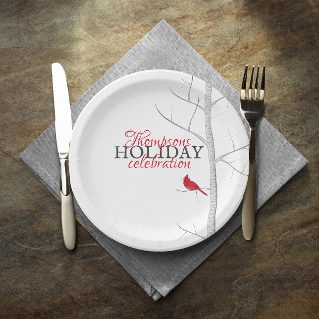Prato De Papel Feliz Cardeal Vermelho Feriado Personalizado (Red cardinal custom Happy Holidays paper plate. )