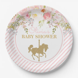 Prato De Papel Feliz Carrossel Floral, Chá de fraldas redondo
