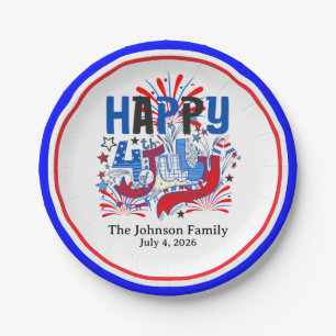 Prato De Papel Feliz Celebração de 4 de Julho Texto Personalizado