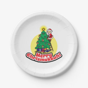 Prato De Papel Feliz Chrismukkah com Papais noeis e Árvore de Na