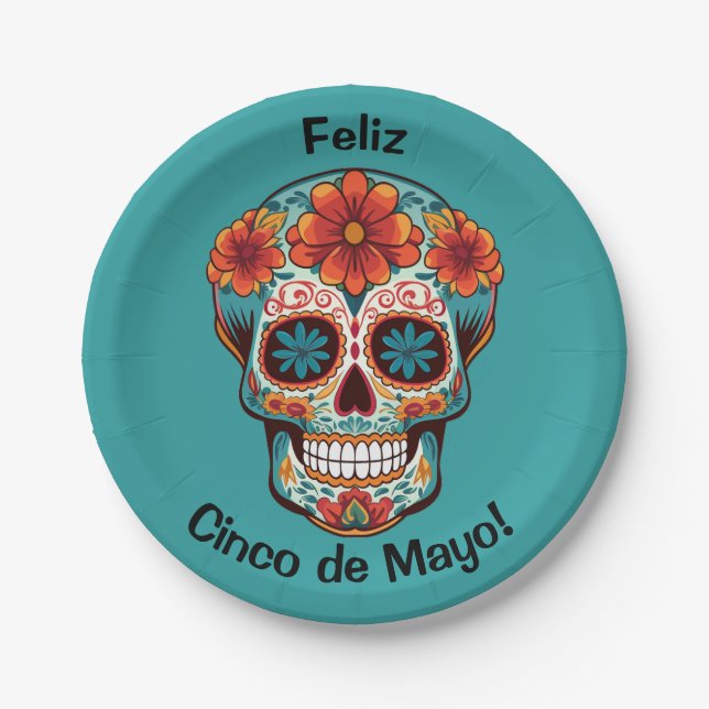 Prato De Papel Feliz Cinco de Mayo! Crânio de Açúcar (Frente)