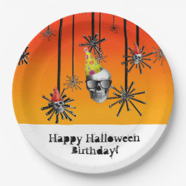 Prato De Papel Feliz crânios de aniversário de Halloween em chapé