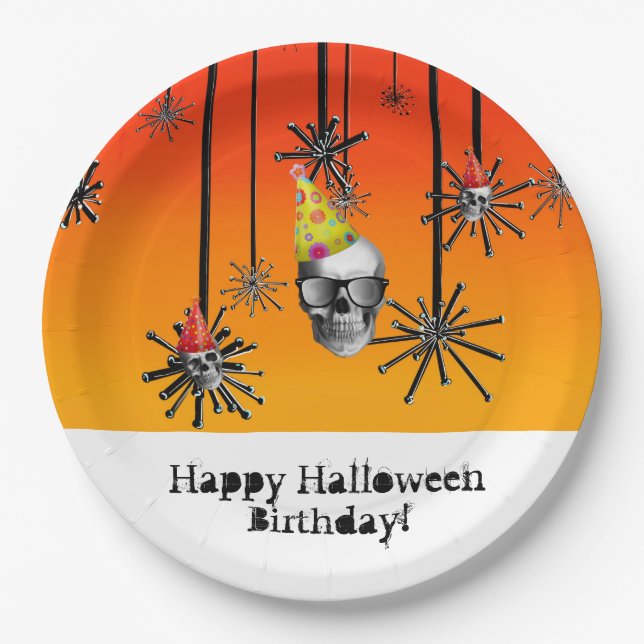 Prato De Papel Feliz crânios de aniversário de Halloween em chapé (Frente)