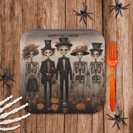 Prato De Papel Feliz Dia das Bruxas da Família Skeleton assustado