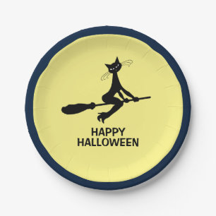 Prato De Papel Feliz Dia Das Bruxas, Gato De Broomstick