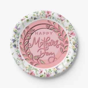 Prato De Papel Feliz Dia das Mães Elegante Moderno Floral Rosa