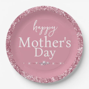 Prato De Papel Feliz Dia das Mães Rosa Bege com Brilho