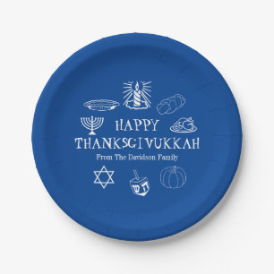 Prato De Papel Feliz Dia de Ação de Graças Azul Hanukkah