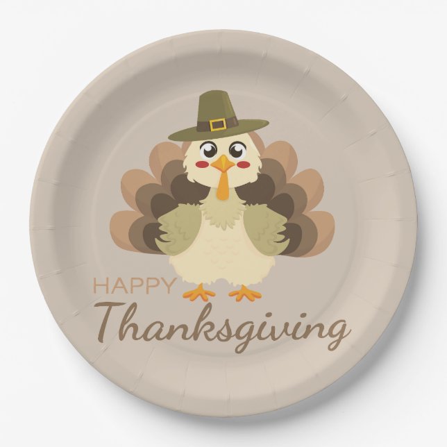 Prato De Papel Feliz Dia de Ação de Graças Feliz, Turca Piligrim (Frente)