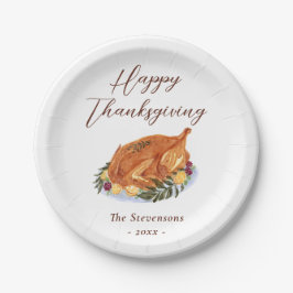 Prato De Papel Feliz Dia de Ação de Graças Janta Turquia Aquarela