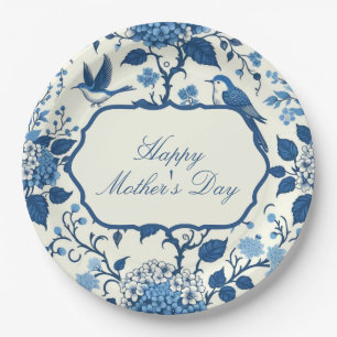 Prato De Papel Feliz Dia de as mães Elegante Blue Chinoiserie Flo