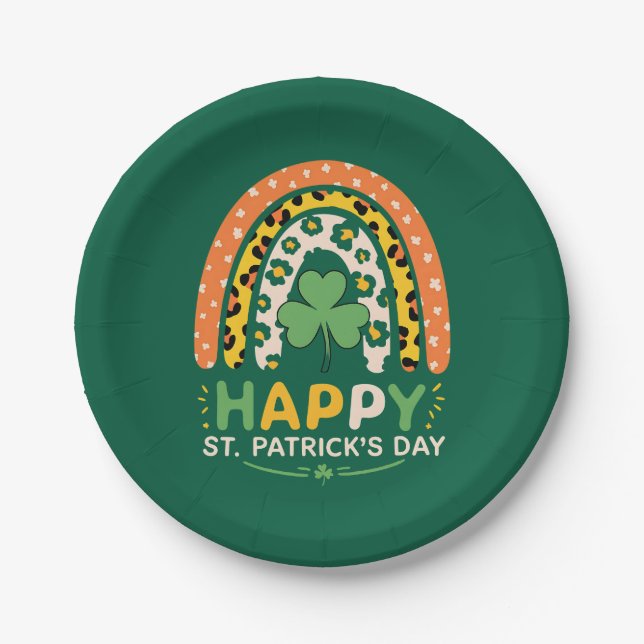 Prato De Papel Feliz Dia de São Patrício Cute Rainbow Leopard (Frente)