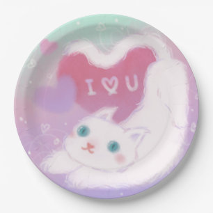 Prato De Papel Feliz Dia dos Namorados com Gato Branco Fofinho