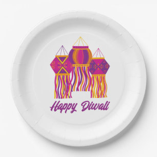Prato De Papel Feliz Diwali Púrpura Lanterna Amarelo Cor-de-Rosa