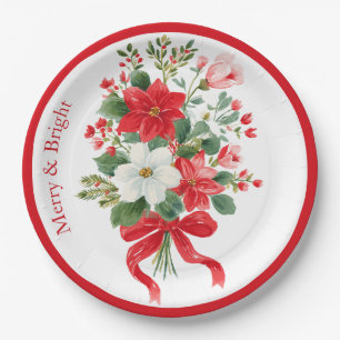 Prato De Papel Feliz e Buquê brilhante da Flor de Natal