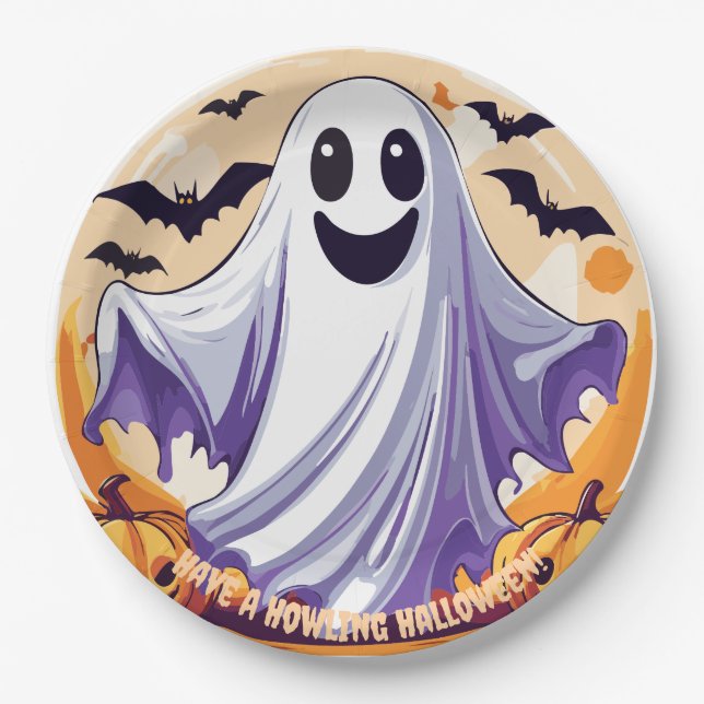 Prato De Papel Feliz Fantasma de Halloween (Frente)