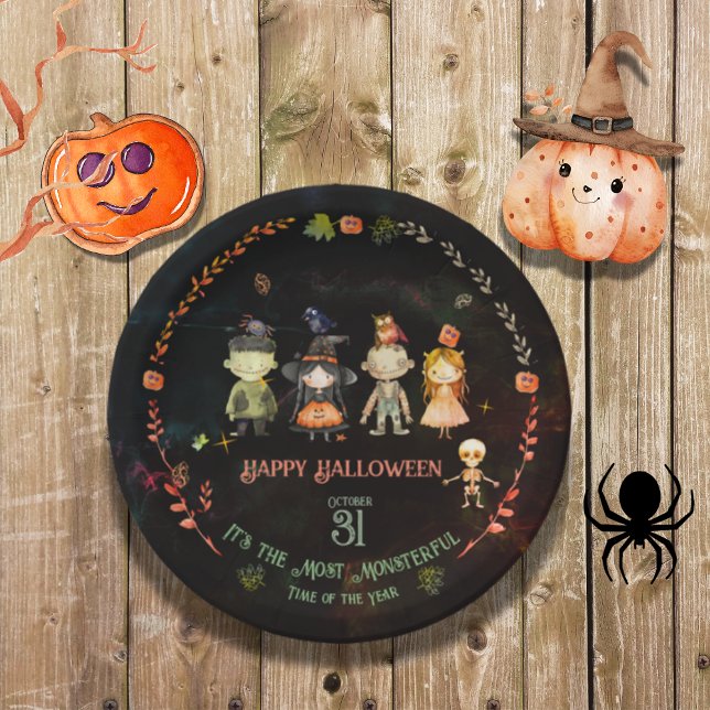 Prato De Papel Feliz Festa de Monstros Gelados de Halloween (Happy Halloween Cute Monsters Party Paper Plates)
