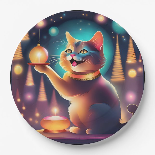 Prato De Papel Feliz gato comemorando o Natal ، Papelão (Frente)