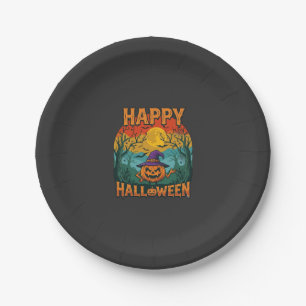 Prato De Papel Feliz Halloween Abóbora Chapéu de Bruxa Lua Cheia