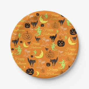 Prato De Papel Feliz Halloween Abóbora Fantasma Bruxa Lua Laranja