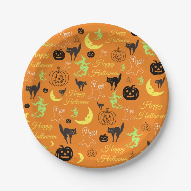 Prato De Papel Feliz Halloween Abóbora Fantasma Bruxa Lua Laranja (Frente)