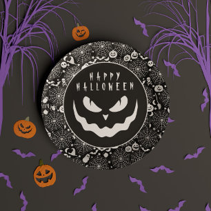 Prato De Papel Feliz Halloween Abóbora Jack o Lanterna Preta e Br