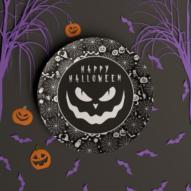 Prato De Papel Feliz Halloween Abóbora Jack o Lanterna Preta e Br (Happy Halloween Black & White Jack o Lantern Face Paper Plates)