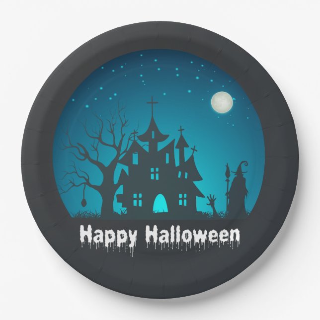 Prato De Papel Feliz Halloween Blue e Black Hauned House (Frente)