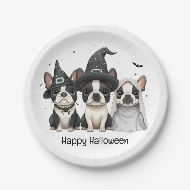 Prato De Papel Feliz Halloween Boston Terrier Dogs (Frente)