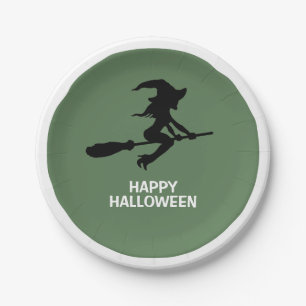 Prato De Papel Feliz Halloween, Bruxa na Broomstick