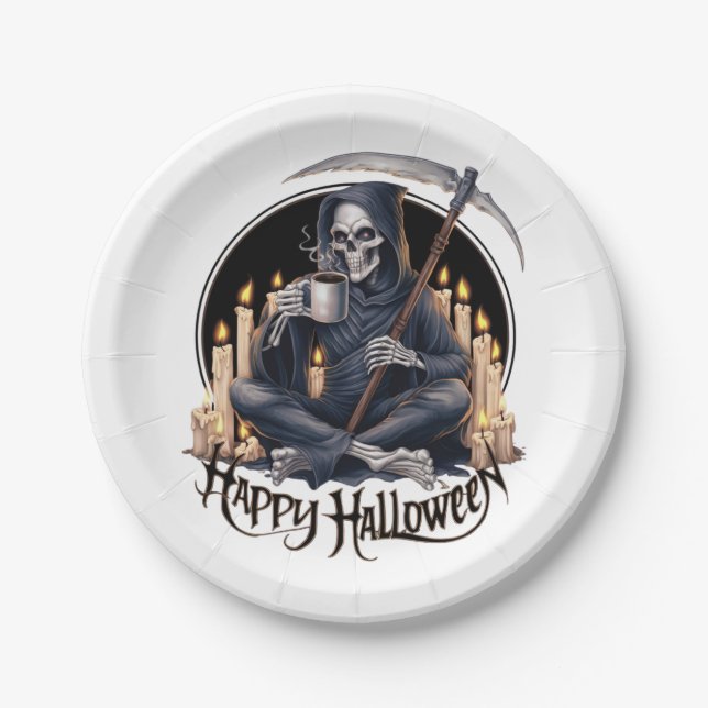 Prato De Papel Feliz Halloween e um esqueleto (Frente)