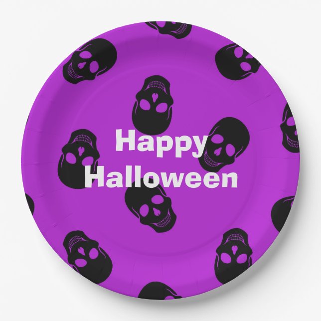 Prato De Papel Feliz Halloween Festa Roxo Crânio (Frente)