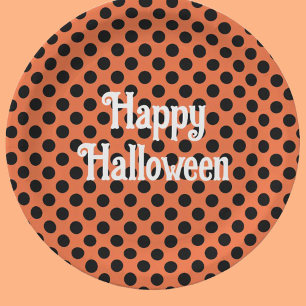 Prato De Papel Feliz Halloween laranja e preto bolinhas festa inf