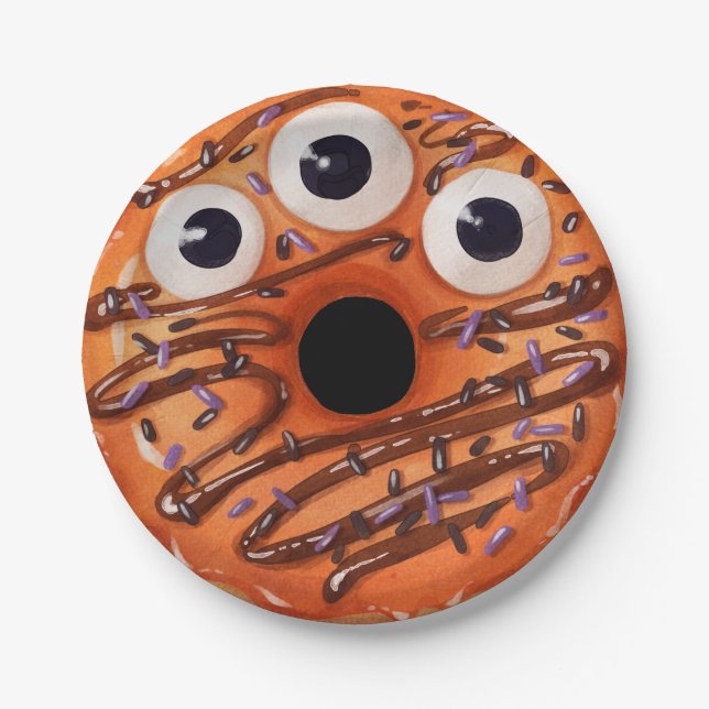 Prato De Papel Feliz Halloween Laranja Três Olhos Rosquinha Monst (Frente)