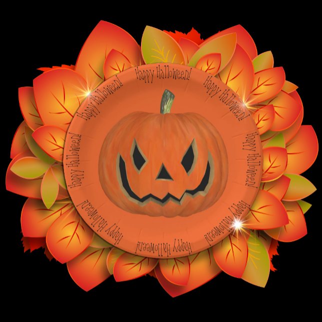 Prato De Papel Feliz Halloween Orange Jack Pumpkin Face Party (Criador carregado)