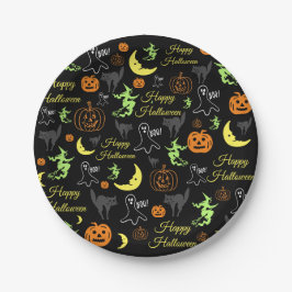 Prato De Papel Feliz Halloween Padrão Preto