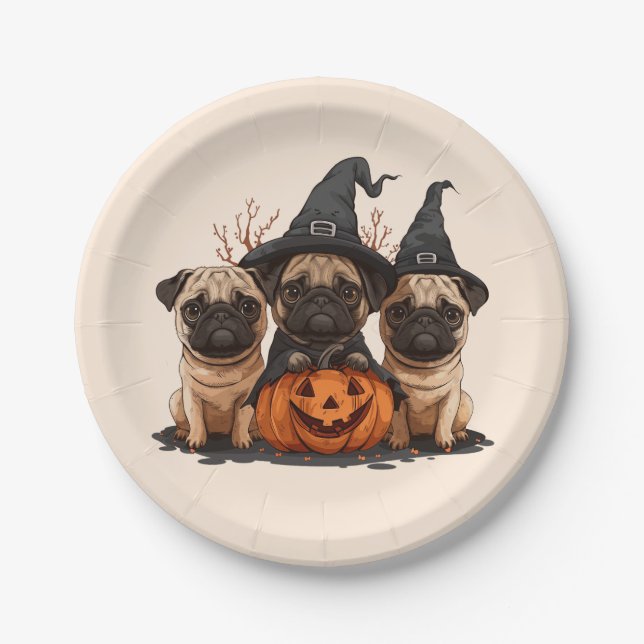 Prato De Papel Feliz Halloween Pugs Jack O Lanterns (Frente)