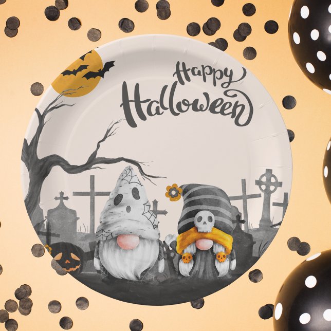 Prato De Papel Feliz Halloween Retro Gnomos no Cemitério (Criador carregado)