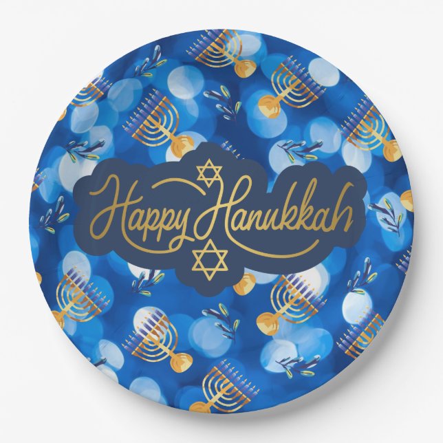 Prato De Papel Feliz Hanukkah Azul e Branco (Frente)