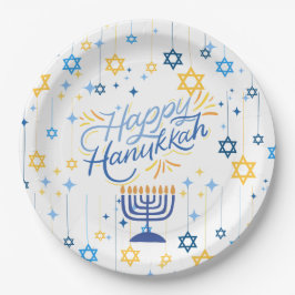 Prato De Papel Feliz Hanukkah Azul e Dourado
